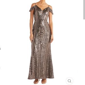 Nightway Off the Shoulder Sequin Gown in Mocha